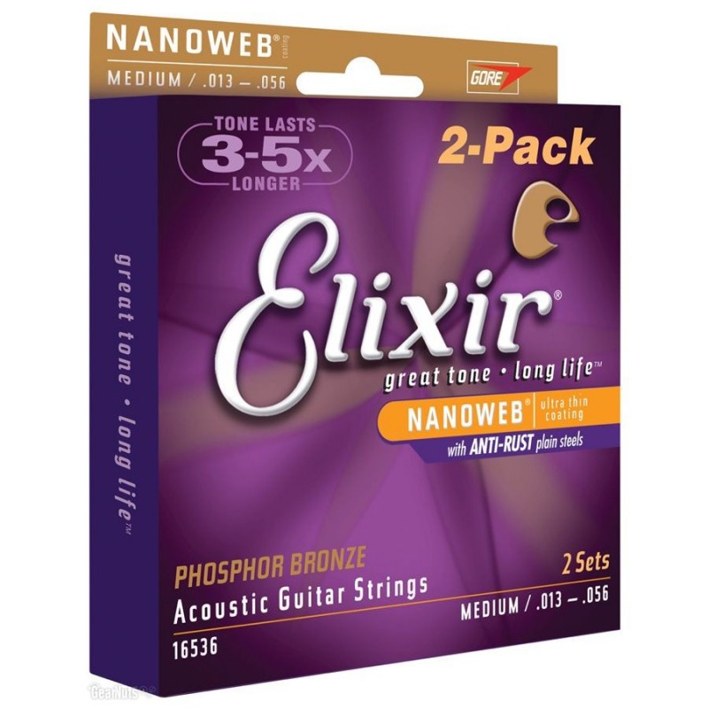 Elixir 16536 PACK 2 NANOWEB MEDIUM ACOUSTIC PHOSPHOR BRONZE